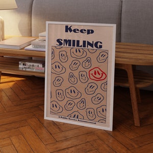 Keep Smiling, Retro Decor, Drip Smiley Face, 70&#39;s Wall Print, Groovy Digital Art, Vintage, Melting Smiley Faces, Warped Art, Pink Aesthetic