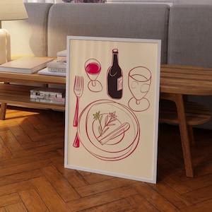 Retro 70s Kitchen Print: Red Line Art Dinner Poster