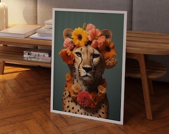 Floral Cheetah Art Print: Tropical Animal Wall Decor