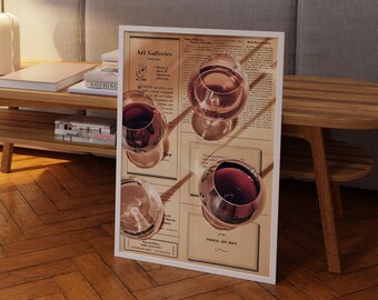 Retro Wine Glasses Print: 70s Newspaper Art Poster