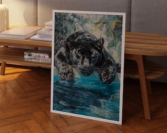 Black Panther in zwembad-kunstprint: maximalistische badkamermuurdecoratie