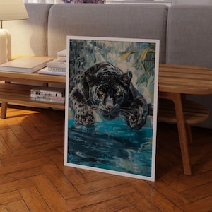 Black Panther in Pool Art Print: Maximalist Bathroom Wall Decor