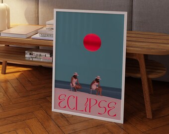 Retro Sunset Beach Poster: 70s Psychedelic Wall Art