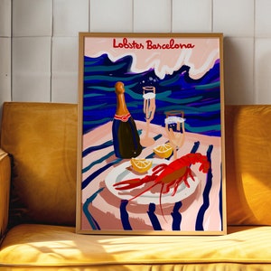 Póster de langosta, años 70, impresión gastronómica, arte mural moderno, arte mural de cocina, póster de casa de verano, arte psicodélico, colores apagados, decoración maximalista