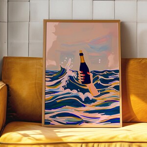 Golven posterdecor, champagneposter, zomerhuisdecor, kleurrijke kunst, Matisse-kunst, trendy decor, maximalistische kunst, kitsch esthetische print