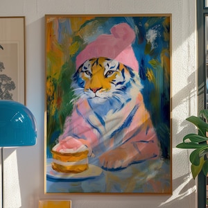 Tiger Poster, rosa Kitsch Ästhetik, bunte Kunst, Preppy Wandkunst, trendiges Dekor, Maximalist Badezimmer Wandkunst, Dopamin-Dekor, Wohnzimmer