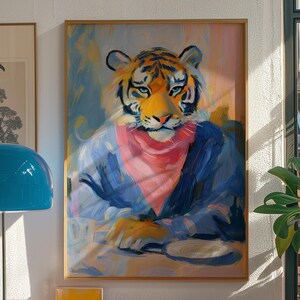 Tiger Poster, Maximalist Badezimmer Wandkunst, Dopamin-Dekor, Wohnzimmer, rosa Kitsch Ästhetik, bunte Kunst, adrette Wandkunst, trendiges Dekor