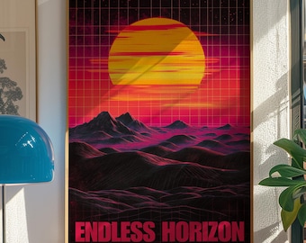 Synthwave-poster zonsondergang: retro scifi-kunst uit de jaren 80 (digitale download)