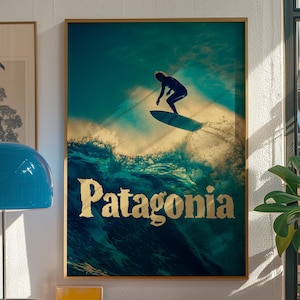 Patagonia Surf Adventure, Vintage Surfing Poster, Ocean Wave Wandkunst, Natur Abenteuer Print, Surfer Art, Retro Surfing Wanddekor