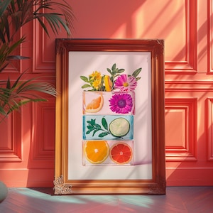 Citrus Ice Cube Art Print: Modern Summer Kitchen Wall Decor