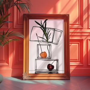 Kirsche und Rosmarin Poster, Minimalistischer Obst Druck, Botanische Wandkunst für Esszimmer, Sommer Kräuter Dekor, Modernes Lebensmittel Poster