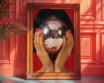 70s Disco Ball Poster: Retro Red Lips Art (Digital Download)