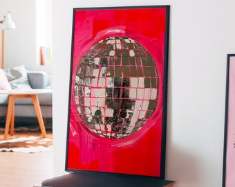 Disco Ball Poster: 70s Retro Trippy Red Wall Art