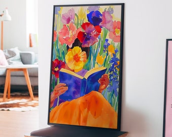 Floral Reading Art Print, Kitsch Trendy Home Decor