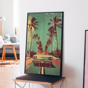 Vintage car driving down the road with palm trees in background, retro style poster design with distressed textures and bold colors, 70s illustration style, pastel color palette, vintage