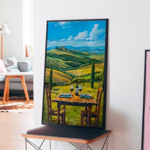 Plakat z romantyczną kolacją w krajobrazie, plakat z winem, eklektyczna sztuka ścienna, sztuka dopaminy, żywa sztuka ścienna, dekoracja ścienna kuchni, plakat z letnim domem