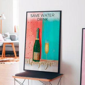 Plakat szampana, Kolorowy wystrój, Wydruk dopaminy, Maksymalistyczny wystrój, Problemy szampana, Plakat domku letniskowego, Eklektyczna sztuka ścienna