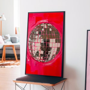 Disco Ball Poster: 70s Retro Trippy Red Wall Art