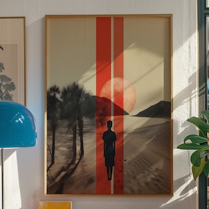 Póster de Verano, impresión artística retro de los años 70, ilustración de sol rojo de verano, decoración minimalista cálida, póster vintage de estilo español, obra de arte impresa.
