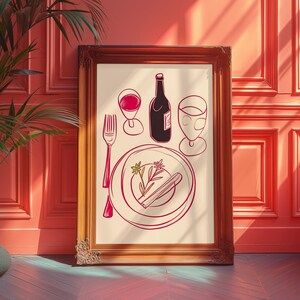 Retro Wine Dinner Art Print: 70s Kitchen Wall Decor (Digital Download)