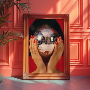 70s Disco Ball Poster: Retro Red Lips Art (Digital Download)