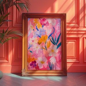 Roze muurkunst, eclectische muurkunst, kitsch esthetische print, vintage poster, psychedelische kunst, dopaminedecor, bloemenposter, retro olieverfschilderij