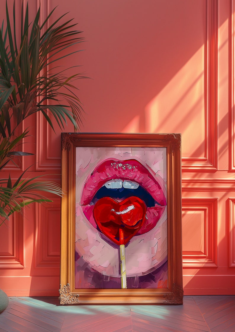 A heart-shaped lollipop is stuck in the mouth of an open female lips, in the style of pop art, pink and red, a digital painting, closeup, front view, with brush strokes, soft lighting, creating a romantic atmosphere