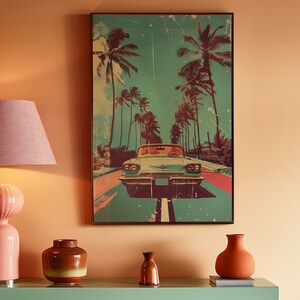 Vintage car driving down the road with palm trees in background, retro style poster design with distressed textures and bold colors, 70s illustration style, pastel color palette, vintage