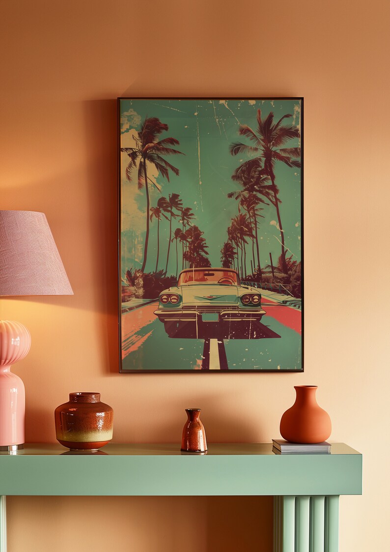Vintage car driving down the road with palm trees in background, retro style poster design with distressed textures and bold colors, 70s illustration style, pastel color palette, vintage
