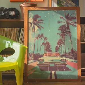 Vintage car driving down the road with palm trees in background, retro style poster design with distressed textures and bold colors, 70s illustration style, pastel color palette, vintage