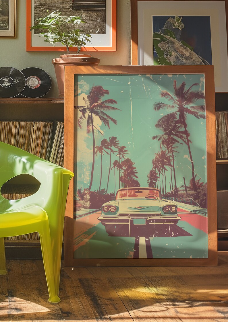 Vintage car driving down the road with palm trees in background, retro style poster design with distressed textures and bold colors, 70s illustration style, pastel color palette, vintage