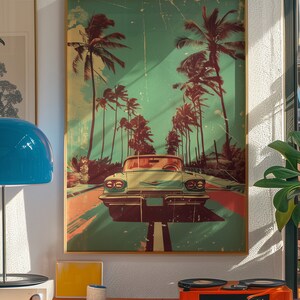 Vintage car driving down the road with palm trees in background, retro style poster design with distressed textures and bold colors, 70s illustration style, pastel color palette, vintage