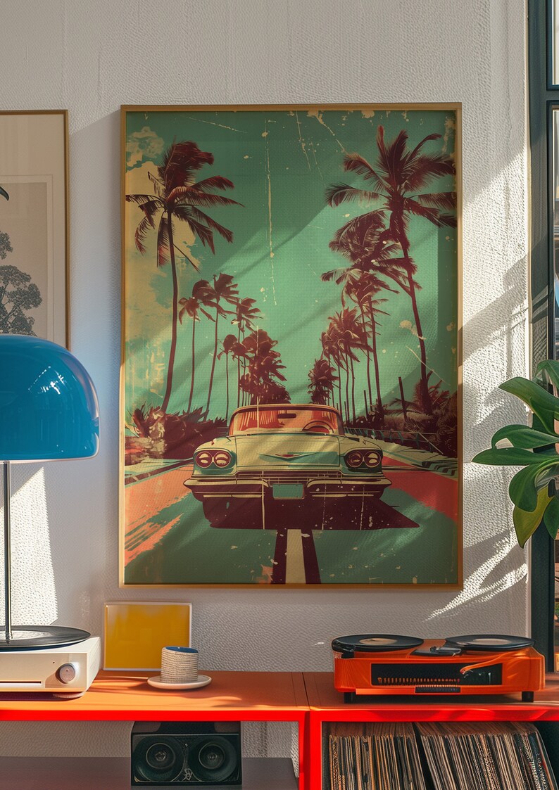 Vintage car driving down the road with palm trees in background, retro style poster design with distressed textures and bold colors, 70s illustration style, pastel color palette, vintage
