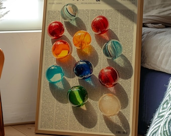 Colorful Glass Marbles on Newspaper Poster, Vintage Still Art Print, Retro Inspired Wall Decor, Unique Artistic Design, Typography Print