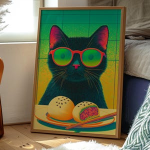 Cool Cat with Glasses Poster, Vibrant Retro Art Print, Fun Food and Feline Wall Decor, Unique Design for Cat and Art Lovers
