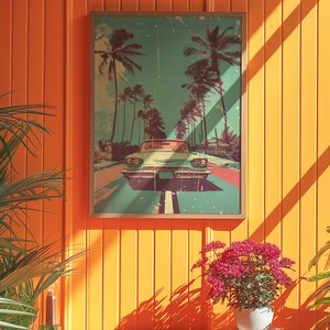Vintage car driving down the road with palm trees in background, retro style poster design with distressed textures and bold colors, 70s illustration style, pastel color palette, vintage