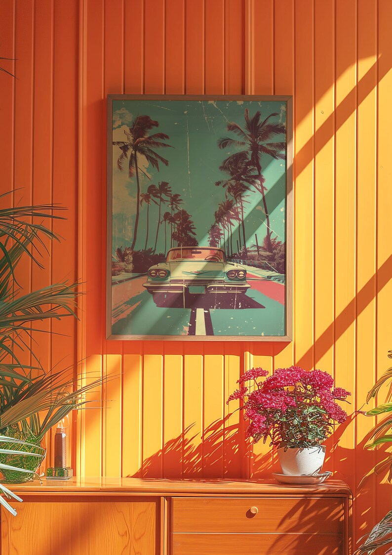 Vintage car driving down the road with palm trees in background, retro style poster design with distressed textures and bold colors, 70s illustration style, pastel color palette, vintage