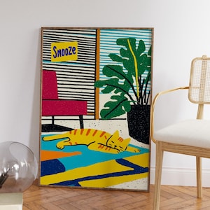 Póster de gato retro, arte mural de gato de mediados de siglo, lámina de gato dormilón, póster acogedor de gato, decoración estética de los años 70, arte vibrante de gatos, decoración colorida para habitaciones de gatos