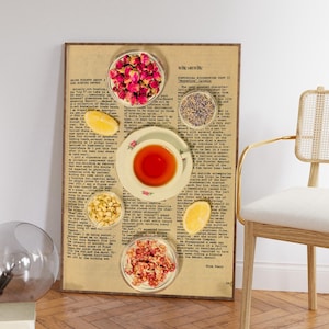 May include: A framed print featuring a vintage newspaper background with a cup of tea, lemon slices, and small bowls of ingredients. The print includes text and is accompanied by a modern chair with a gold frame.
