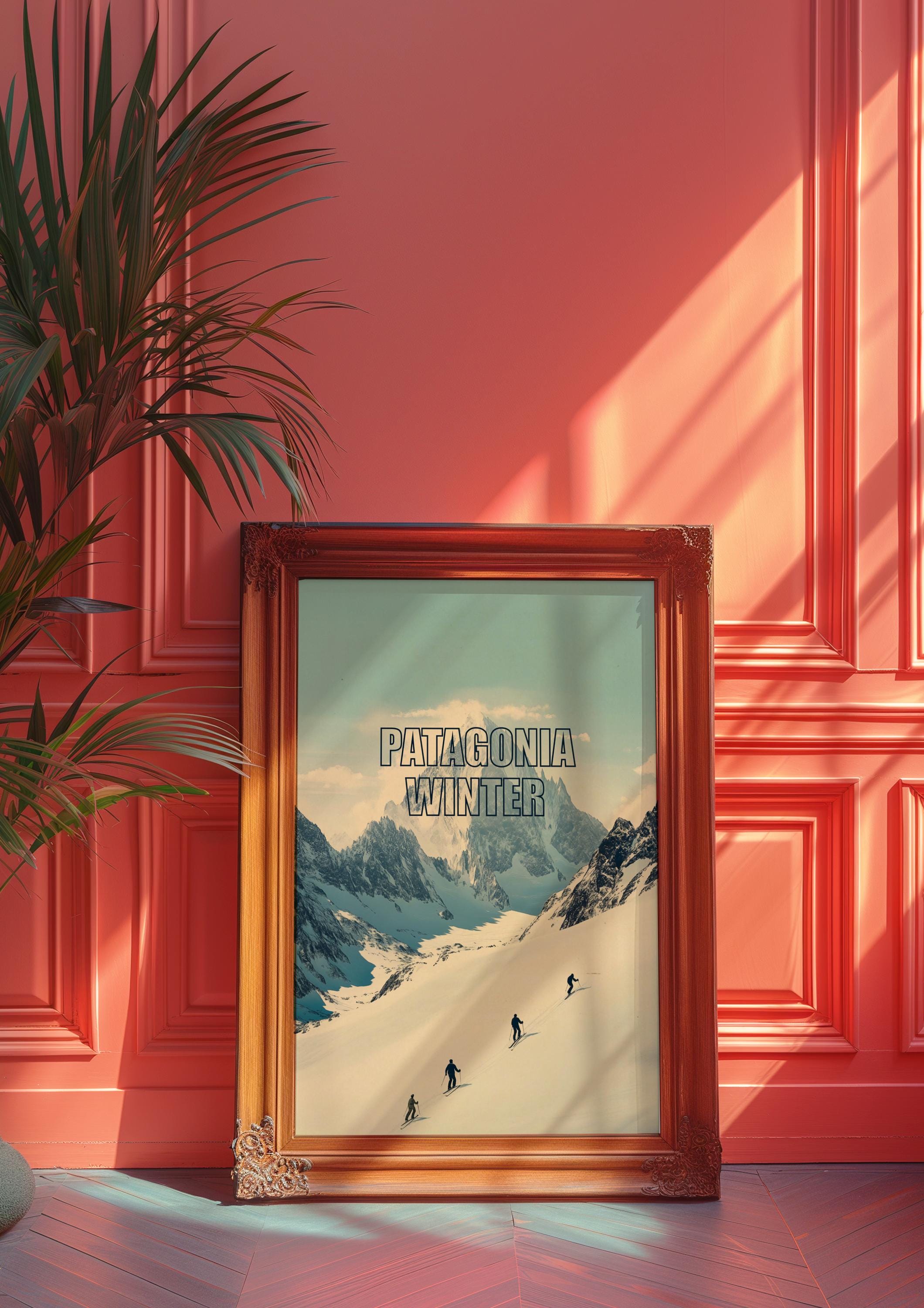 Patagonia Winter Skiing Poster: Snowy Mountain Landscape Art Print