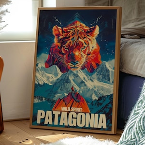Poster Wild Spirit Patagonia, stampa artistica di avventure con tigre e montagna, decorazione da parete con fauna selvatica per casa o ufficio, pezzo di dichiarazione audace