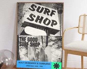 Retro Surfbrett Print: Vintage Schwarz Weiss Strand Dekor (Digitaler Download)