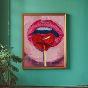 A heart-shaped lollipop is stuck in the mouth of an open female lips, in the style of pop art, pink and red, a digital painting, closeup, front view, with brush strokes, soft lighting, creating a romantic atmosphere