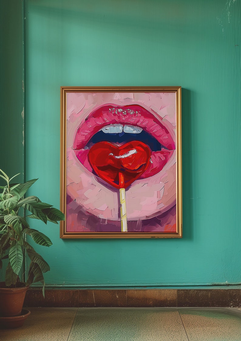 A heart-shaped lollipop is stuck in the mouth of an open female lips, in the style of pop art, pink and red, a digital painting, closeup, front view, with brush strokes, soft lighting, creating a romantic atmosphere