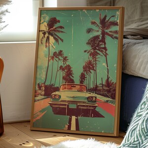 Vintage car driving down the road with palm trees in background, retro style poster design with distressed textures and bold colors, 70s illustration style, pastel color palette, vintage