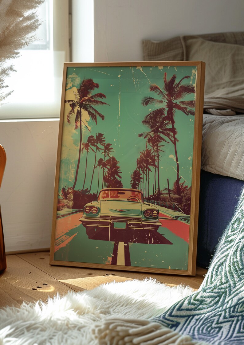 Vintage car driving down the road with palm trees in background, retro style poster design with distressed textures and bold colors, 70s illustration style, pastel color palette, vintage