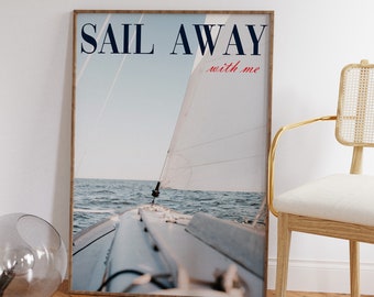 Segla bort yacht-tryck, vintage sommarväggkonst (digital nedladdning)