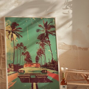 Vintage car driving down the road with palm trees in background, retro style poster design with distressed textures and bold colors, 70s illustration style, pastel color palette, vintage