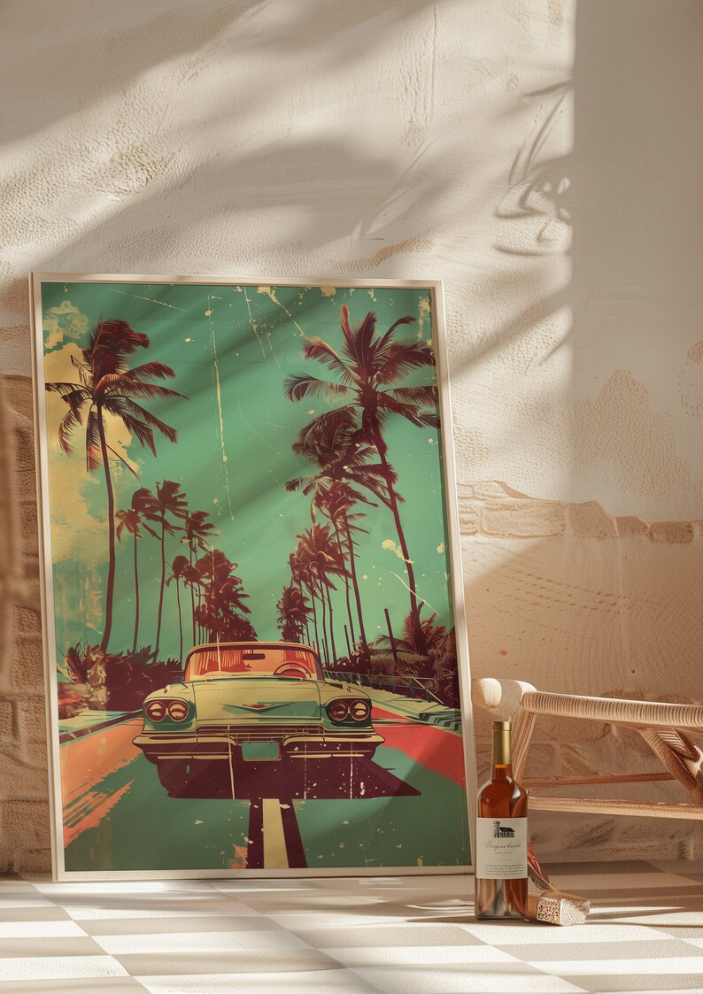 Vintage car driving down the road with palm trees in background, retro style poster design with distressed textures and bold colors, 70s illustration style, pastel color palette, vintage