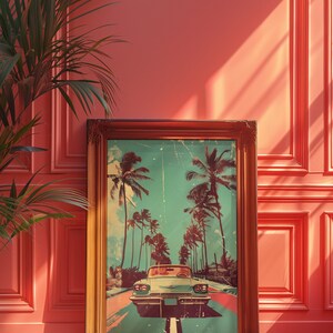 Vintage car driving down the road with palm trees in background, retro style poster design with distressed textures and bold colors, 70s illustration style, pastel color palette, vintage
